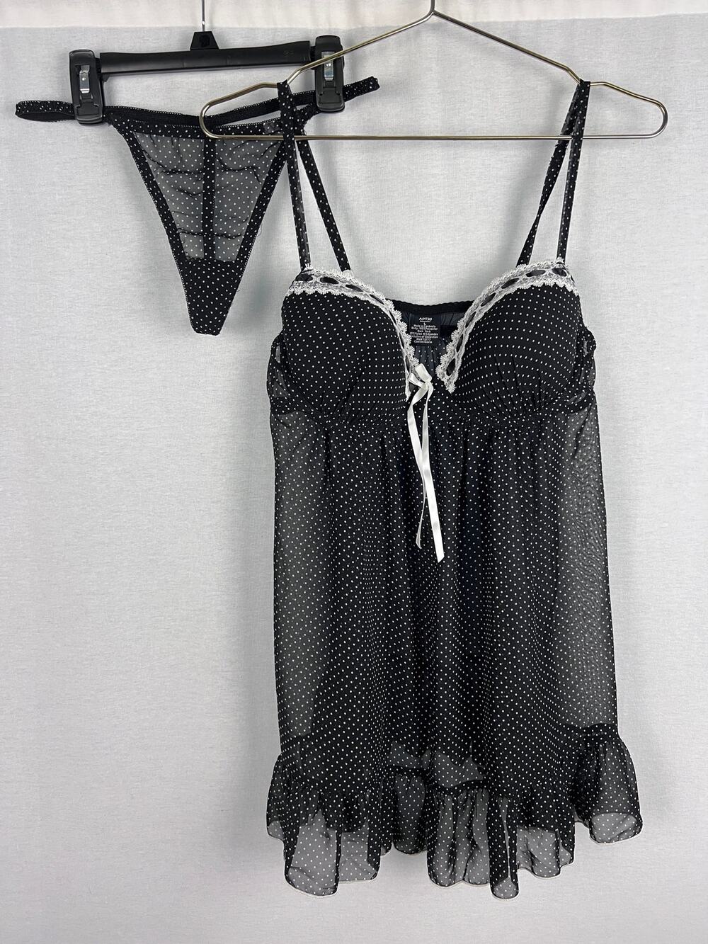 Vintage Y2K Babydoll Slip Dress Black Polka Dot Bustier Thong Retro Lingerie